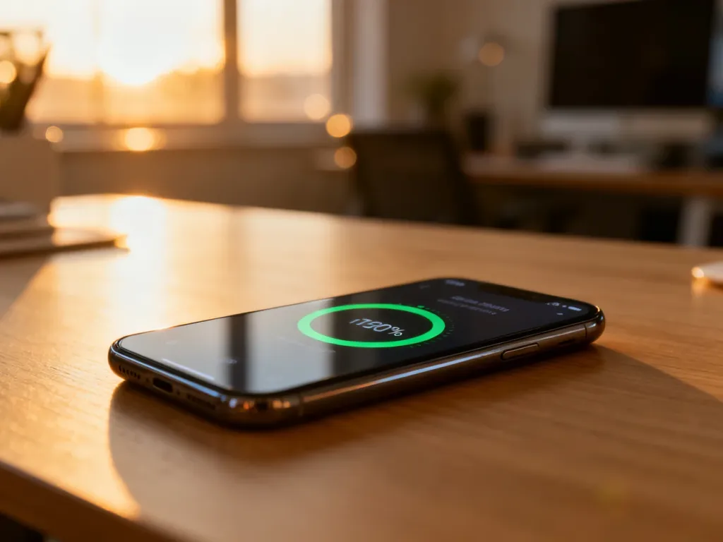Smartfon leżący na drewnianym biurku z widocznym na ekranie wskaźnikiem kondycji baterii.