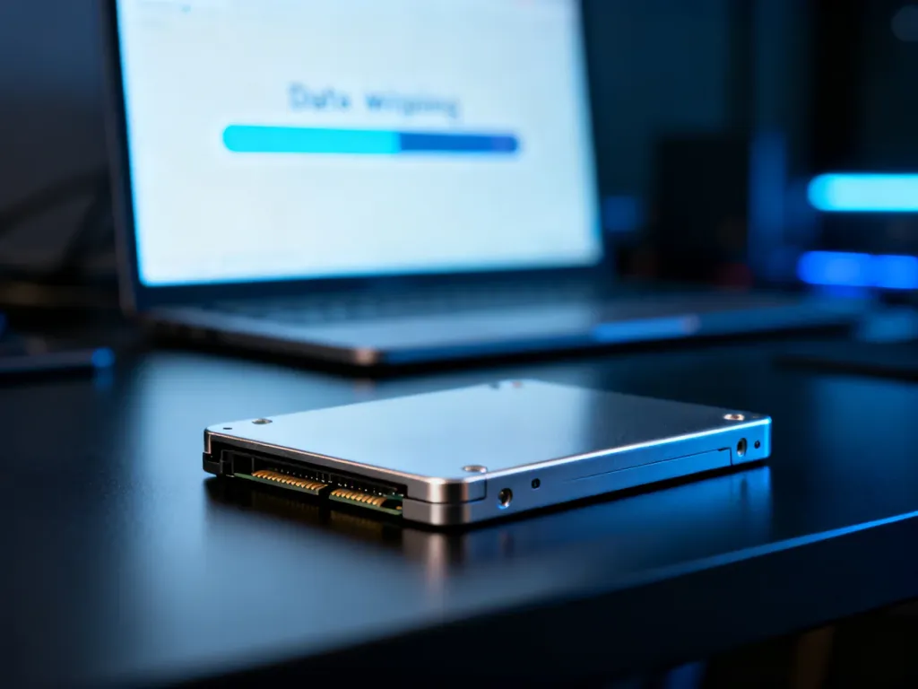 Nowoczesny dysk SSD na biurku w tle z widocznym na monitorze procesem trwałego usuwania danych.