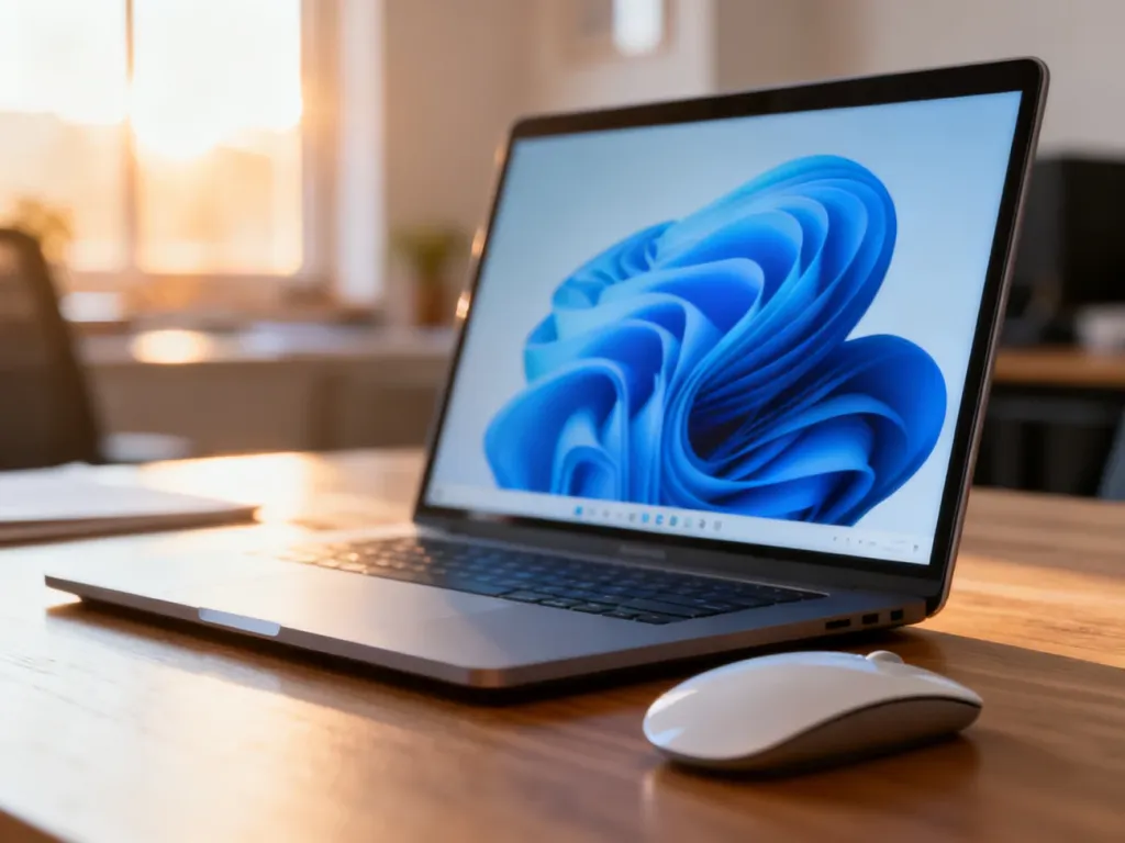 Nowoczesny laptop na biurku z abstrakcyjną grafiką czyszczenia danych, symbolizującą usuwanie pamięci podręcznej przeglądarki.