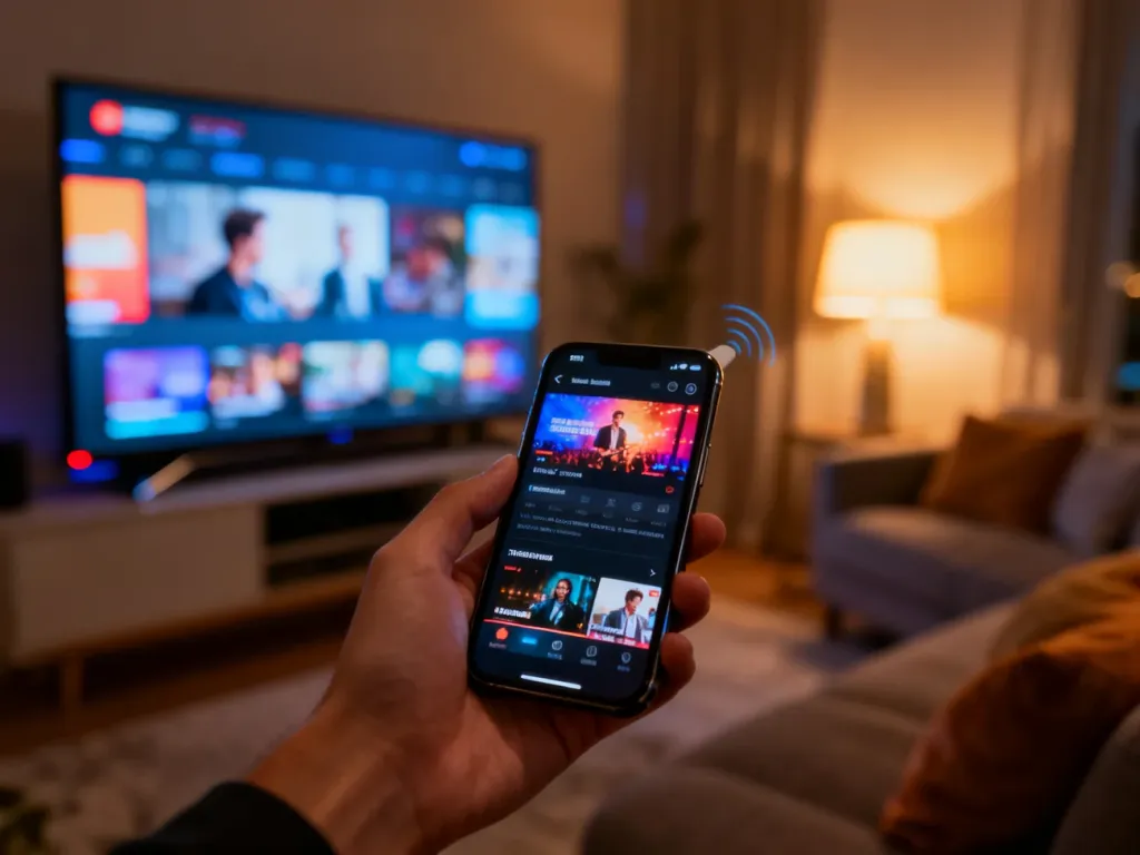 Smartfon bezprzewodowo przesyłający obraz na ekran nowoczesnego telewizora w przytulnym salonie.