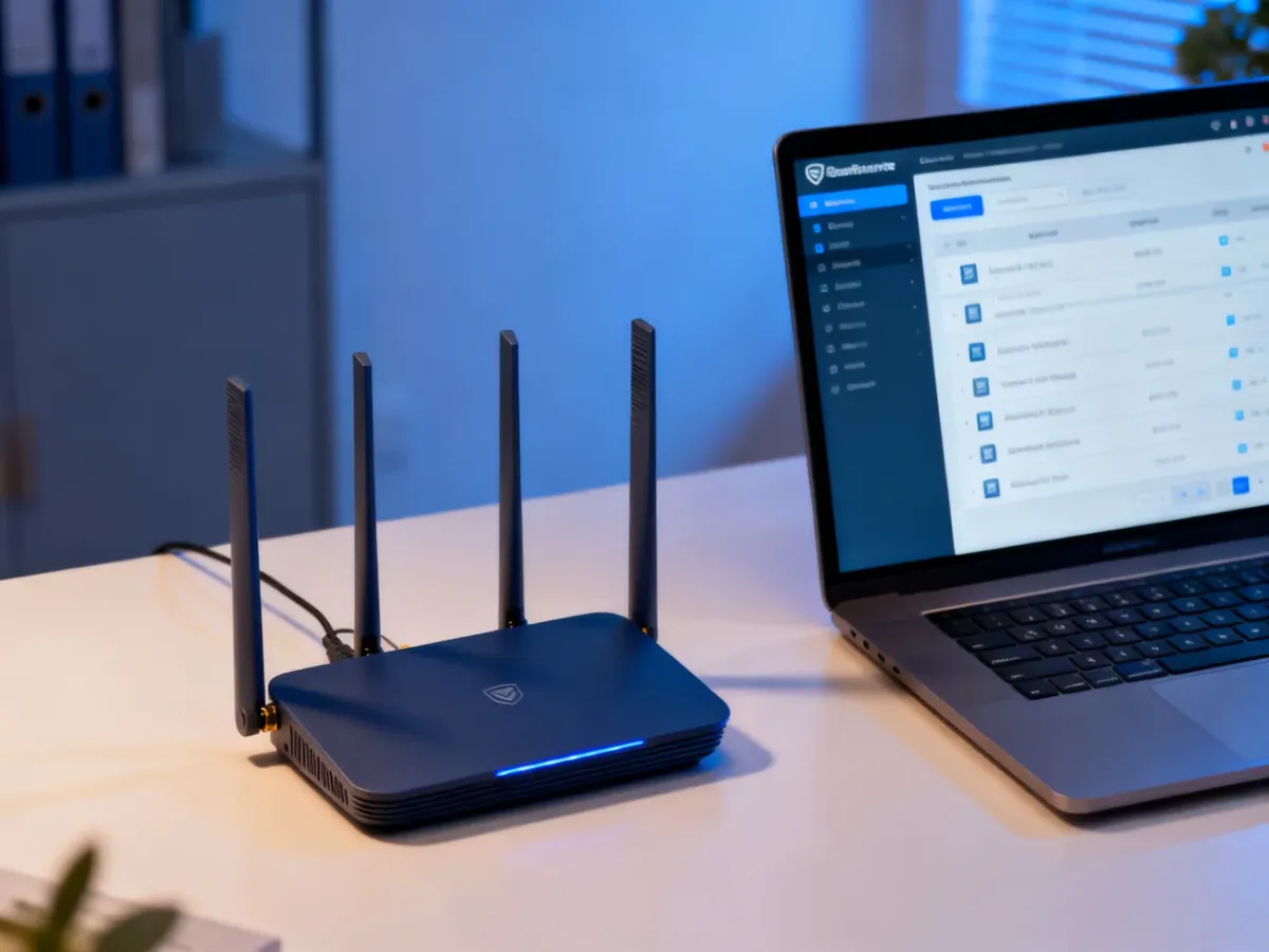 Router i laptop z panelem pokazującym listę podłączonych urządzeń