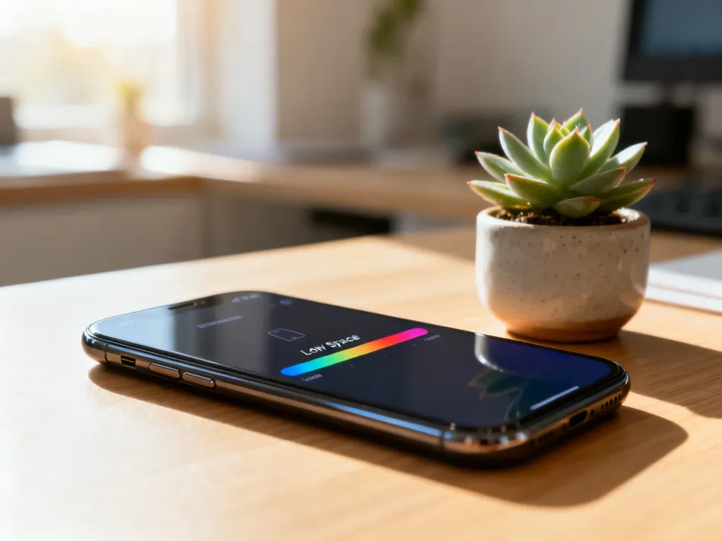 Smartfon na biurku z widocznym na ekranie komunikatem o zapełnionej pamięci urządzenia.