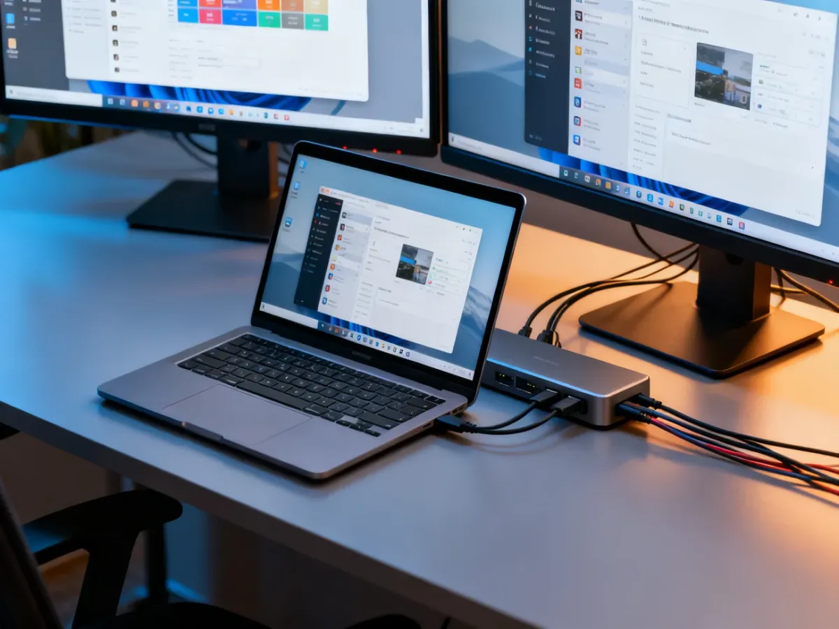 Laptop, stacja dokująca i dwa niezależne monitory