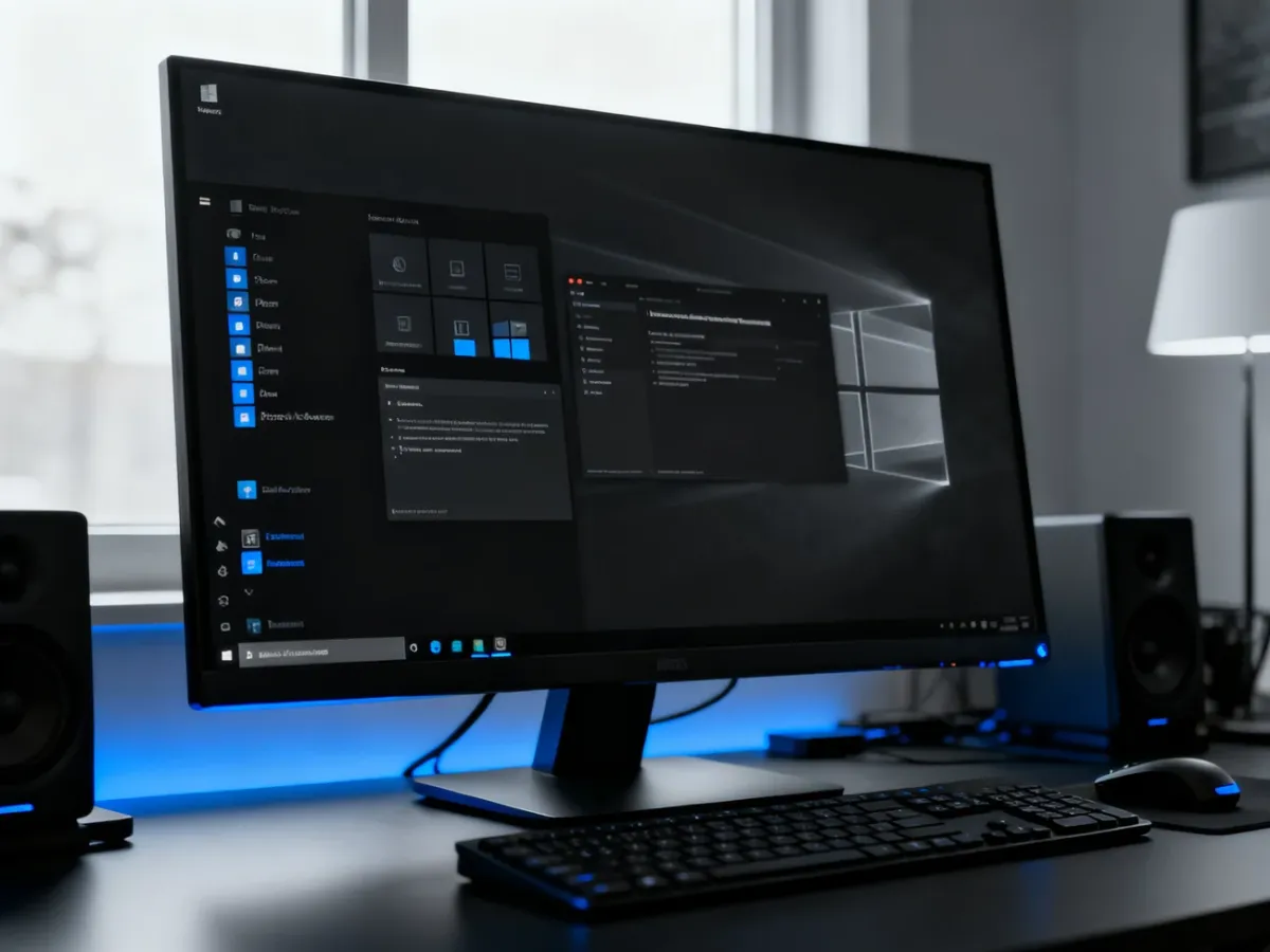 Pulpit Windows z ciemnym menu Start i paskiem zadań