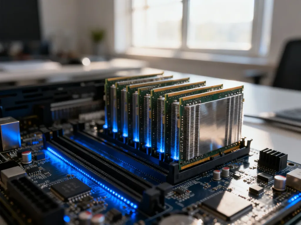 Wnętrze nowoczesnego komputera z widoczną płytą główną i modułami pamięci RAM, podkreślające techniczną precyzję.