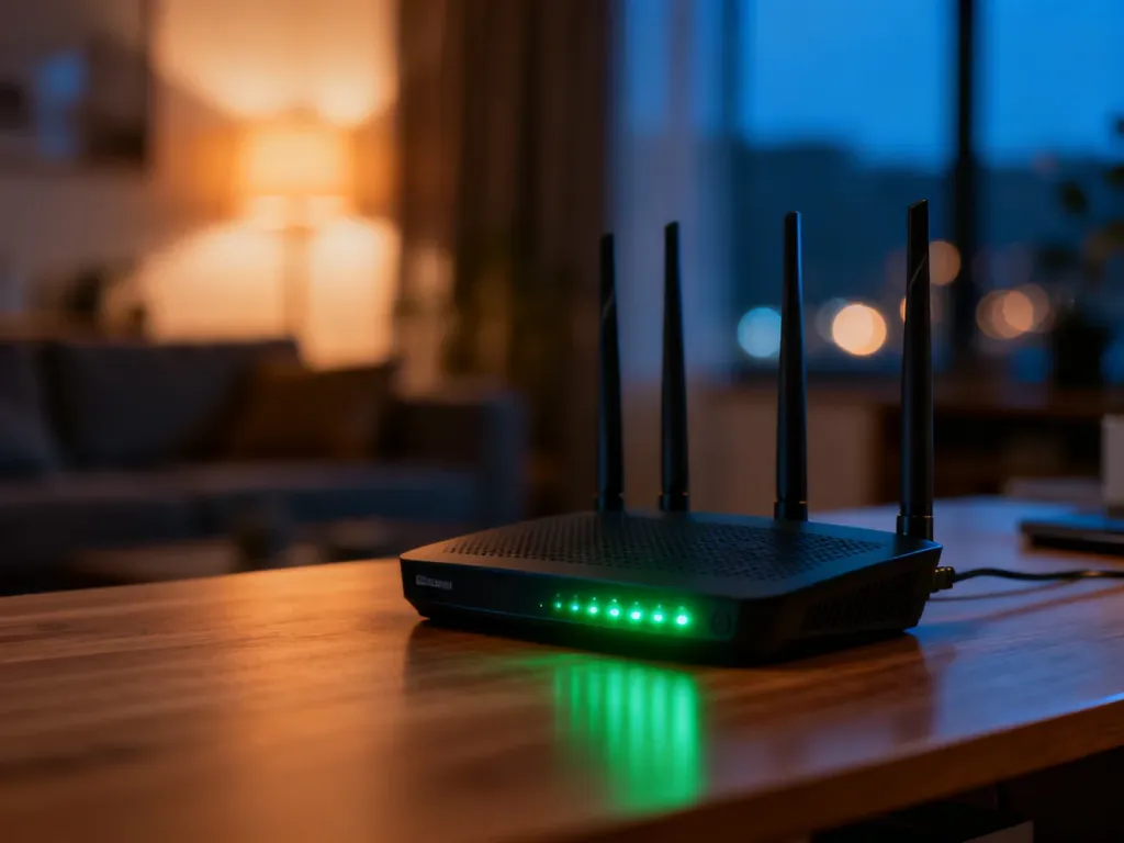 Nowoczesny router Wi-Fi z migającymi diodami na drewnianym biurku, symbolizujący zarządzanie domową siecią internetową.