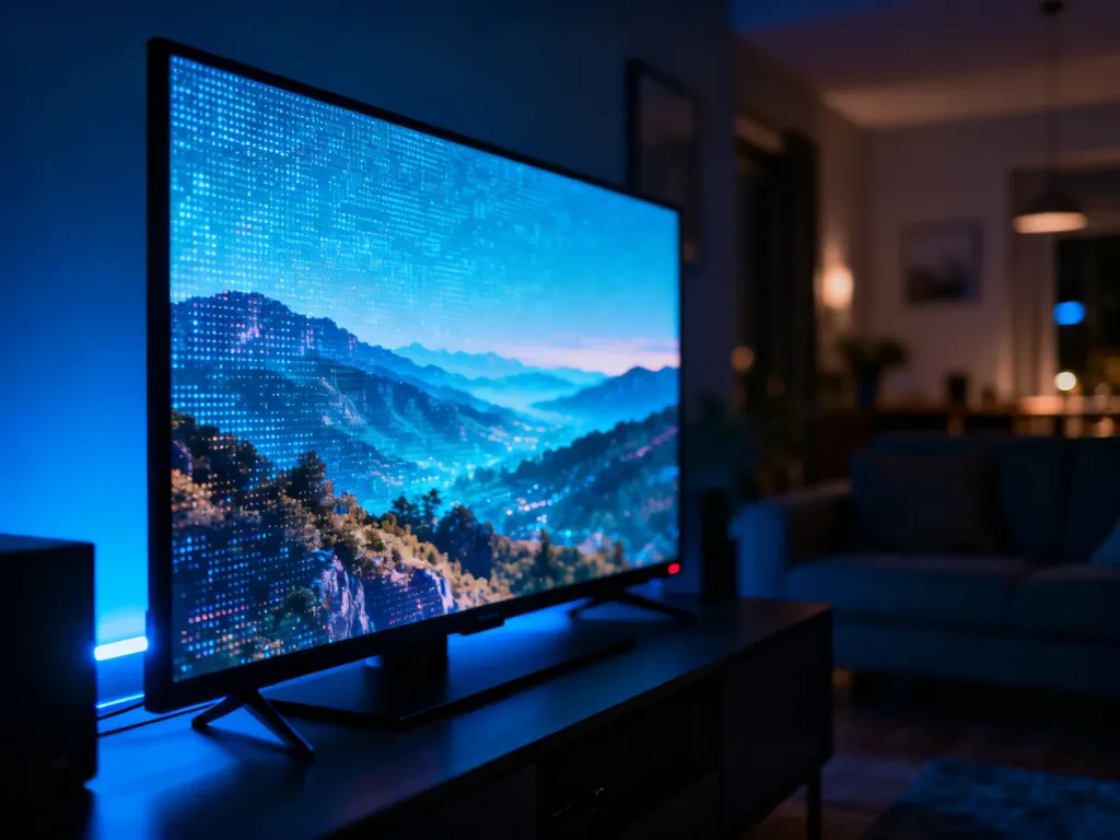 Nowoczesny telewizor wyświetlający ostry obraz 4K w przytulnym salonie, podkreślający wysoką jakość transmisji wideo.