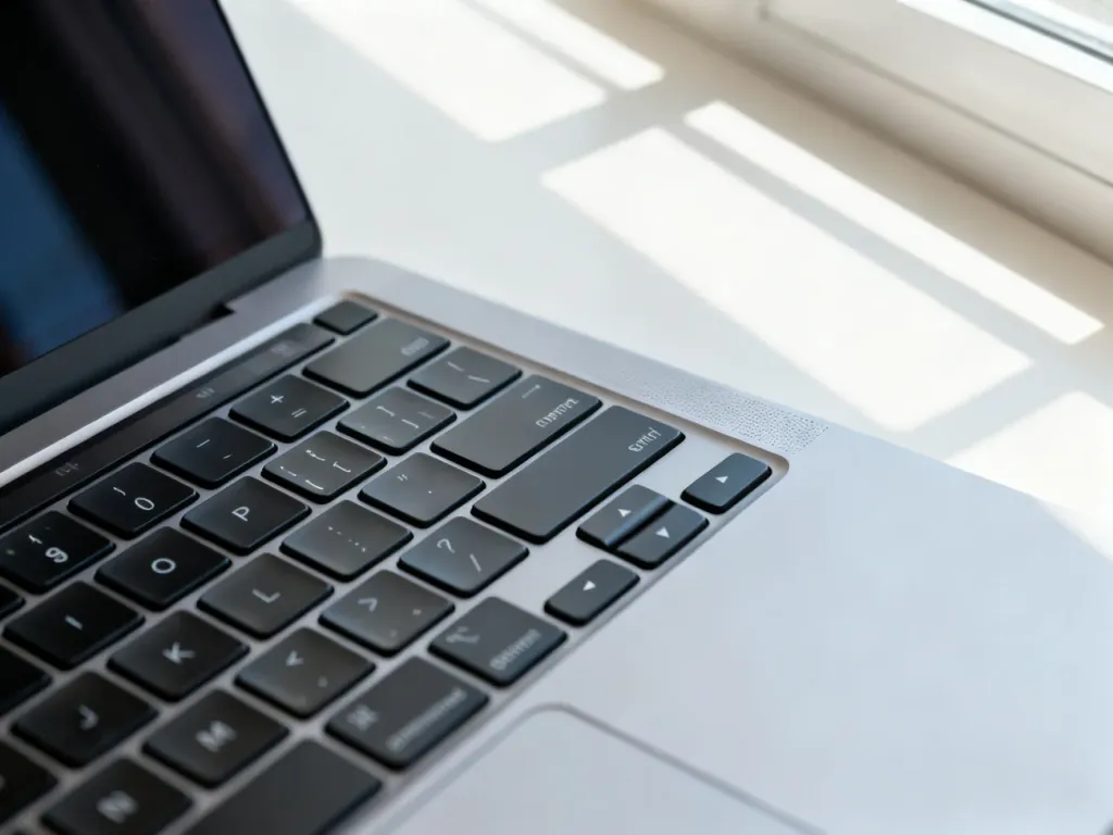 Zbliżenie na klawisze funkcyjne nowoczesnego laptopa w jasnym biurze, ułatwiające lokalizację przycisku do zrzutu ekranu.