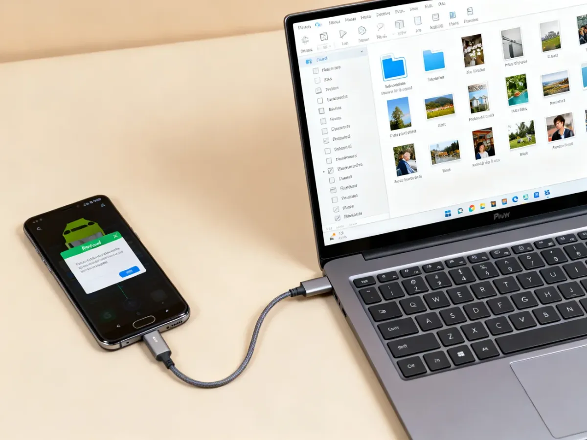 Telefon z Androidem podłączony kablem USB do laptopa podczas kopiowania zdjęć