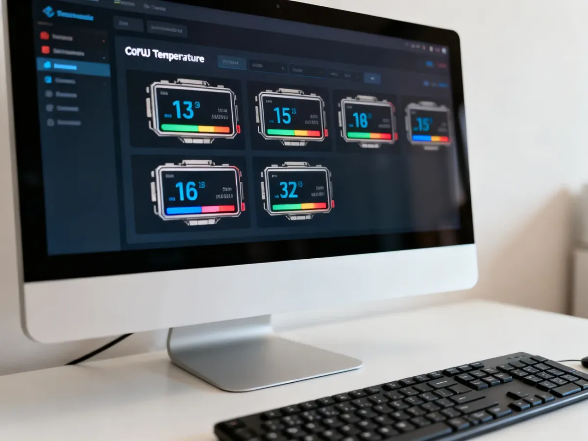 Monitor z programem pokazującym temperatury poszczególnych rdzeni procesora