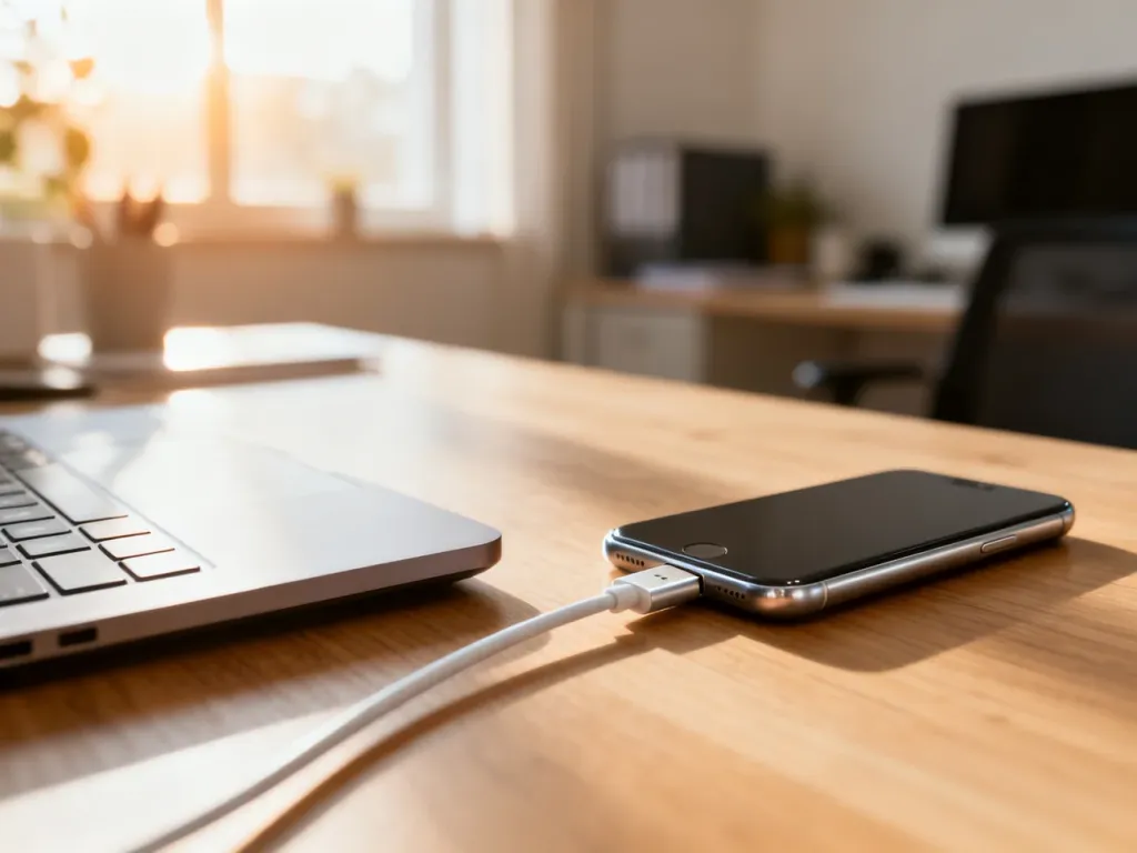 Kabel USB podłączony do smartfona i laptopa na drewnianym biurku, ilustrujący proces przesyłania plików między urządzeniami.