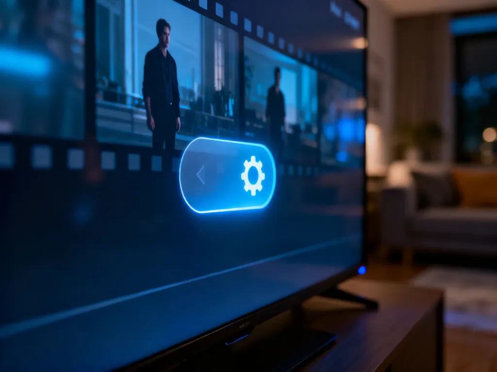 Ekran telewizora z podświetloną ikoną ustawień menu, ułatwiającą dostęp do konfiguracji napisów w serwisie Netflix.