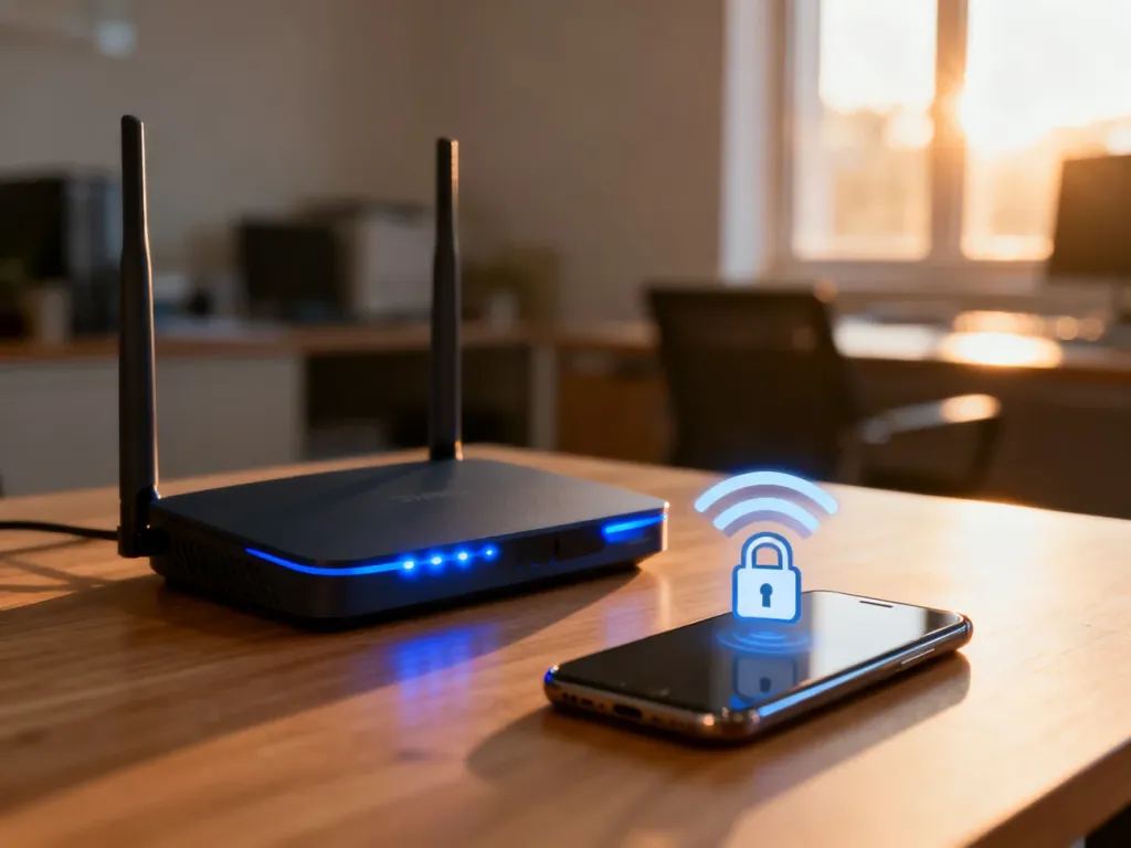 Nowoczesny router z podświetleniem LED oraz smartfon łączący się z bezpieczną siecią Wi-Fi na drewnianym biurku.