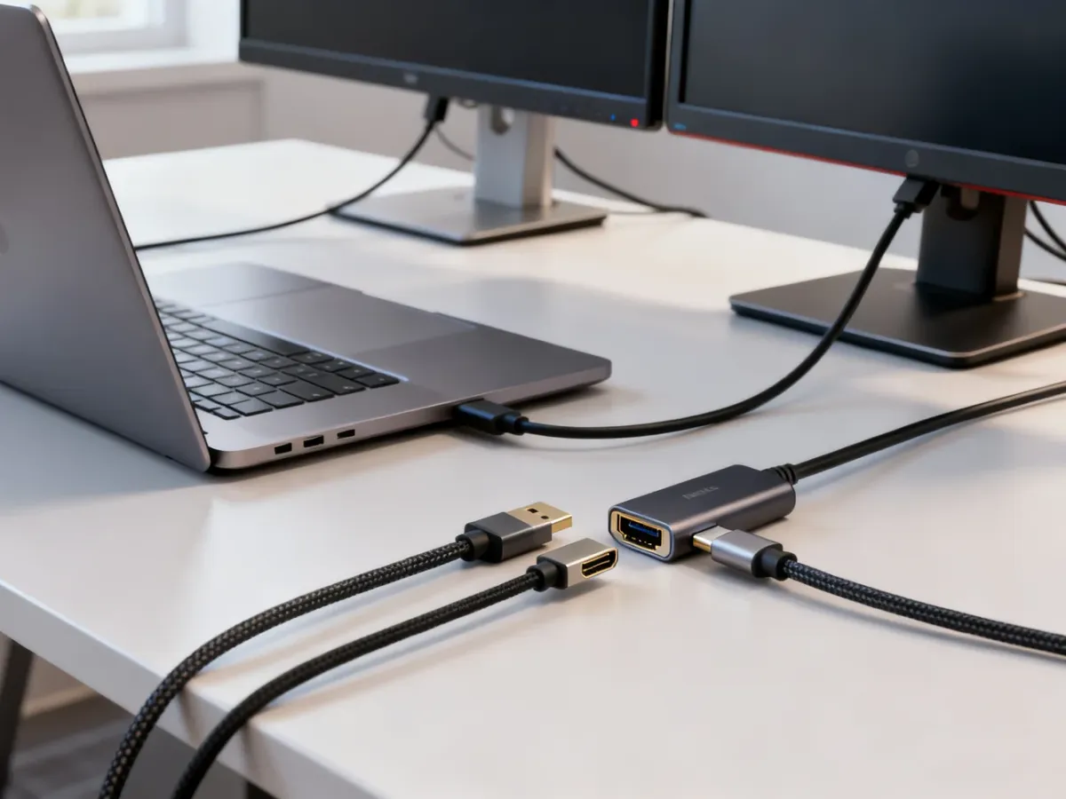 Laptop podłączony do dwóch monitorów za pomocą różnych przewodów