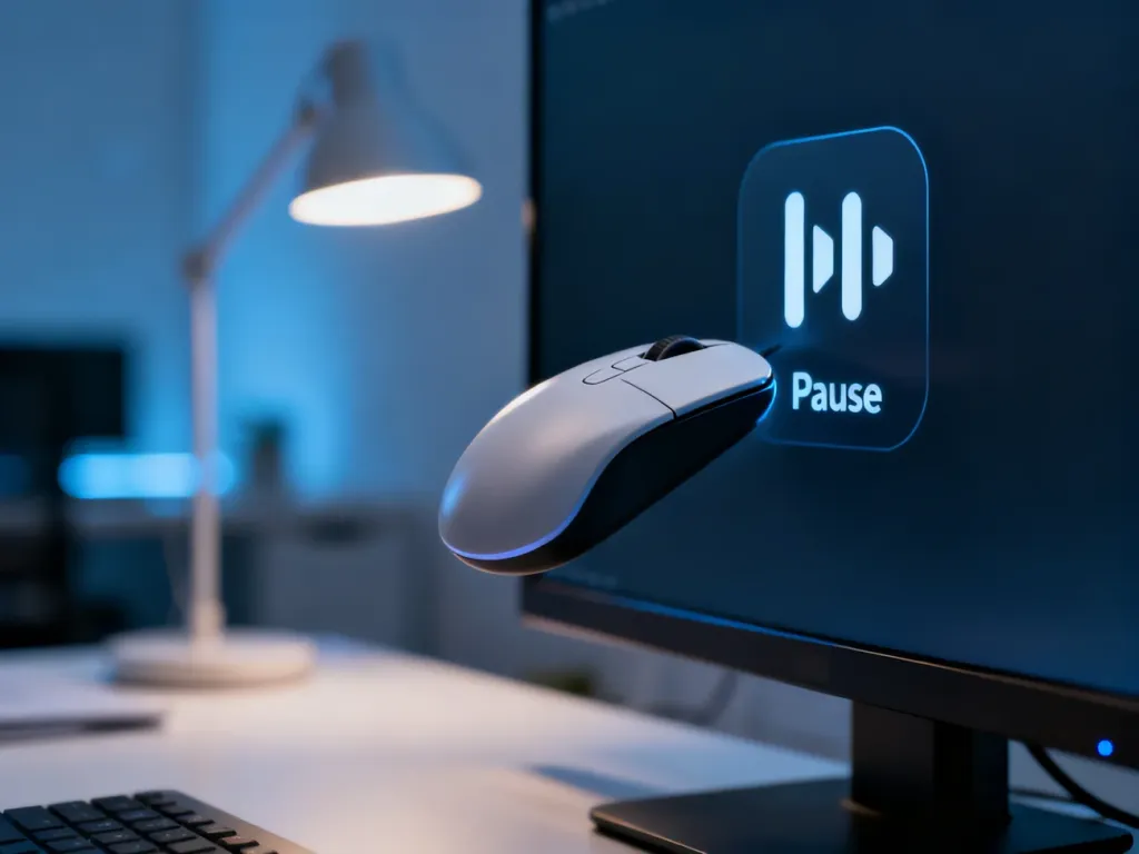 Kursor komputerowy najeżdżający na ikonę pauzy na ekranie monitora, symbolizujący zatrzymanie odtwarzania wideo.