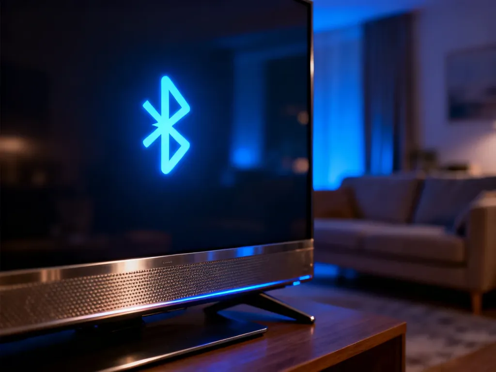 Świecąca ikona Bluetooth na ekranie nowoczesnego telewizora w przytulnym salonie.
