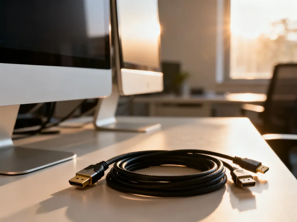 Stanowisko komputerowe z dwoma monitorami oraz kable HDMI i DisplayPort gotowe do podłączenia drugiego ekranu.