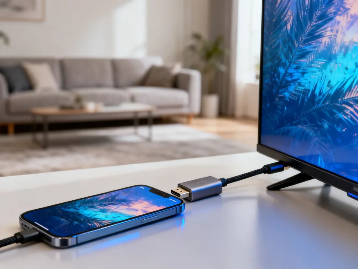Telefon połączony z telewizorem za pomocą przejściówki USB-C–HDMI