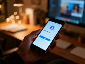 Ekran smartfona z ikoną potwierdzenia udanej płatności cyfrowej w nowoczesnym wnętrzu banku.