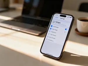Smartfon z ikoną pinezki mapy na biurku, symbolizujący lokalną widoczność firmy w wyszukiwarce Google.