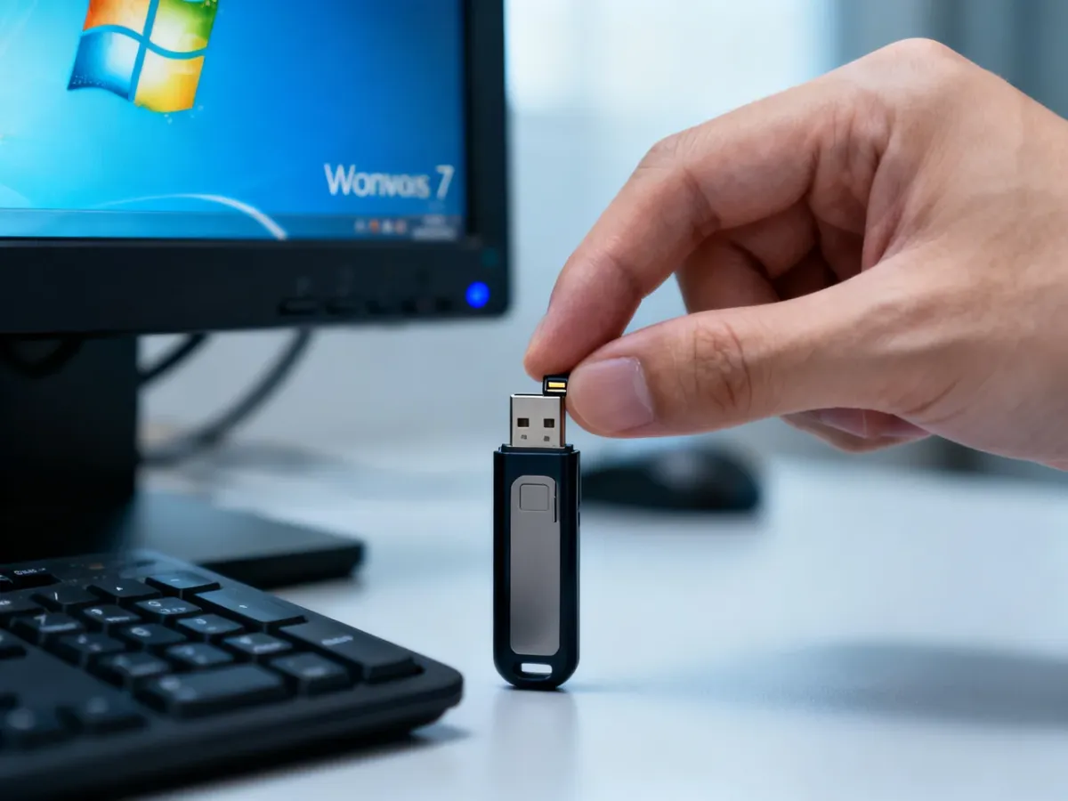 Pendrive z przełącznikiem blokady obok komputera podczas diagnozowania ochrony przed zapisem