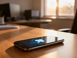 iPhone 11 leżący na minimalistycznym biurku w świetle poranka.