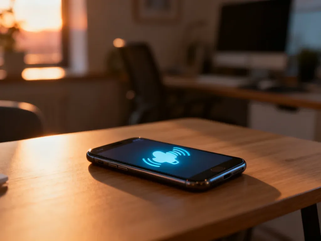 Smartfon na drewnianym biurku z ikoną wyłączonego asystenta głosowego na ekranie.