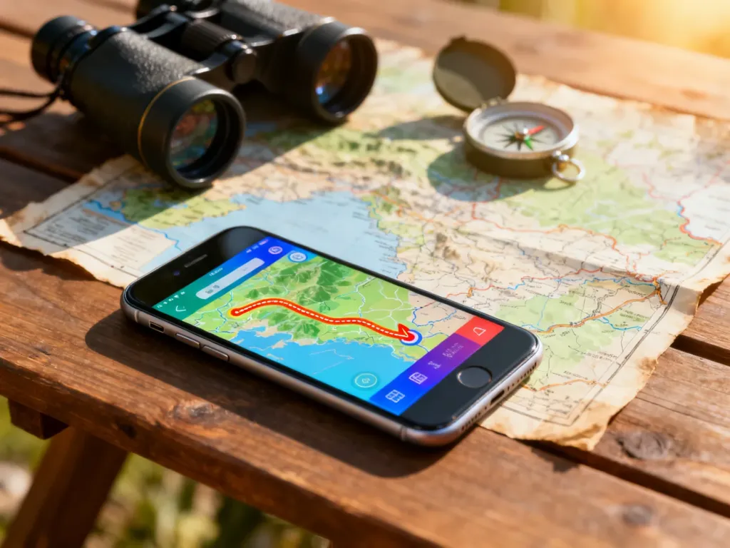 Smartfon z wyświetloną trasą w Google Maps leżący na drewnianym stole obok kompasu i mapy.