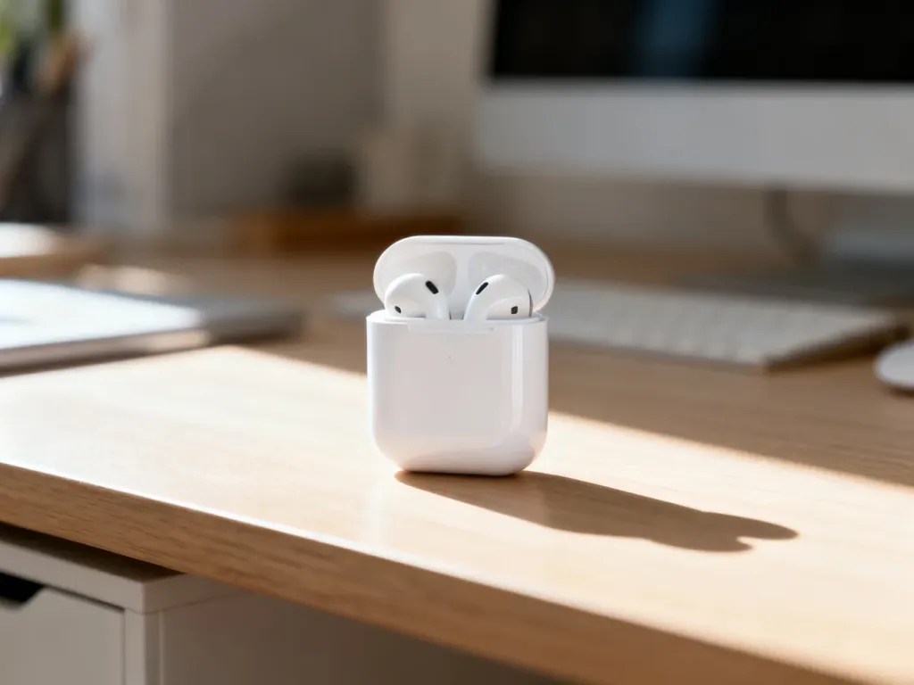 Białe etui słuchawek AirPods leżące na drewnianym biurku w świetle poranka. Profesjonalne zdjęcie produktu.