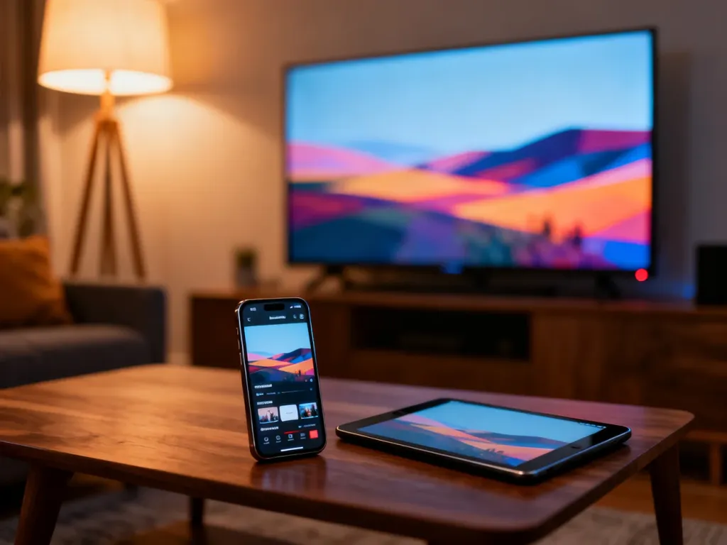 Smartfon, tablet i telewizor w nowoczesnym salonie, symbolizujące korzystanie z subskrypcji YouTube Premium na wielu ekranach.