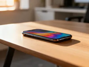Zbliżenie na obiektyw aparatu iPhone’a 15 z widocznymi refleksami nieba, podkreślające nowoczesną technologię fotograficzną.