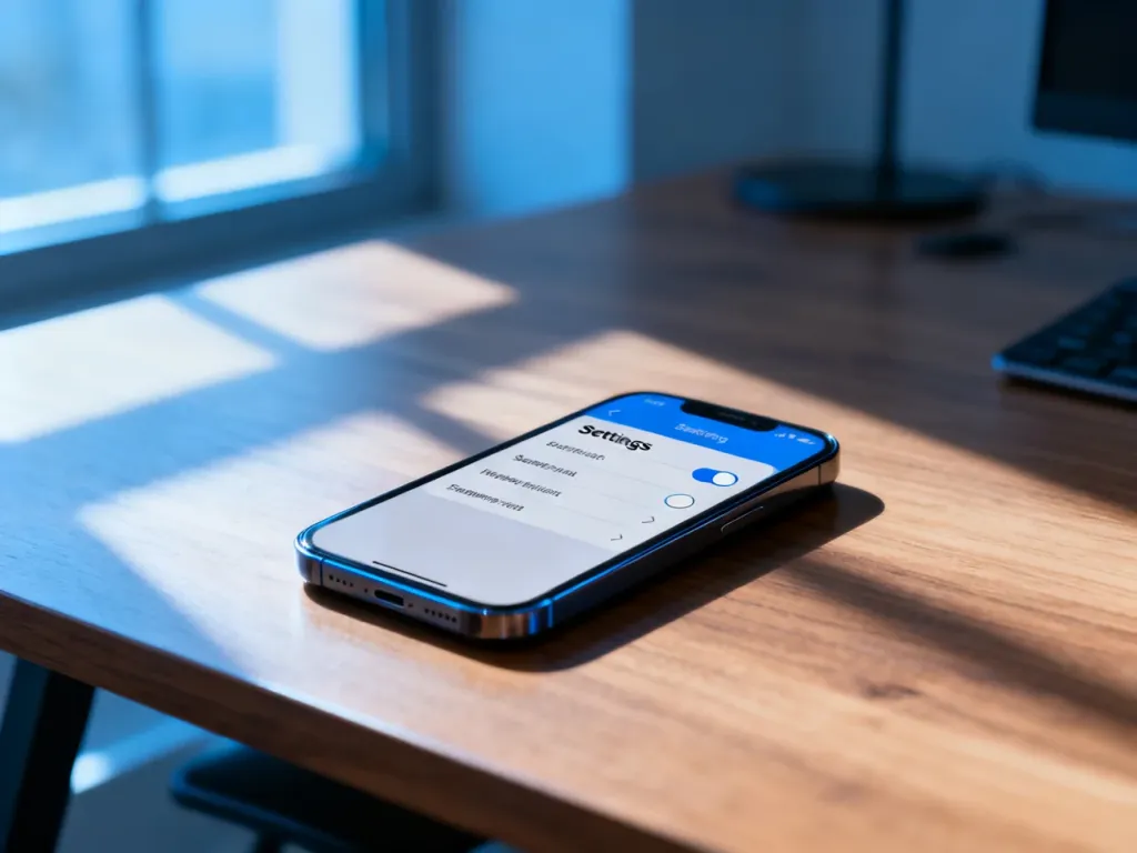 Nowoczesny smartfon na drewnianym biurku z otwartym menu ustawień, na którym wyłączany jest przełącznik funkcji kopii zapasowej.