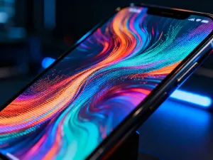 Zbliżenie na ekran smartfona Samsung z kolorowymi ikonami systemowymi na tle minimalistycznego biurka w świetle poranka.