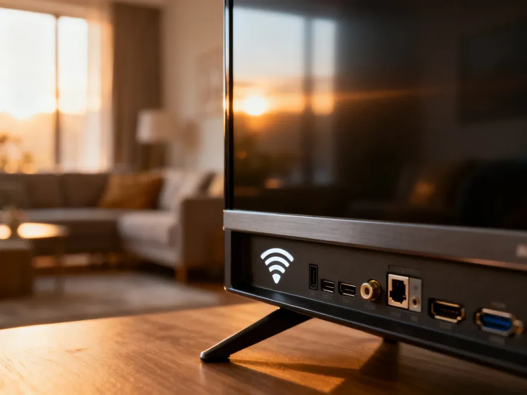 Zbliżenie na tylny panel telewizora z widocznymi portami oraz symbolem łączności bezprzewodowej w tle salonu.