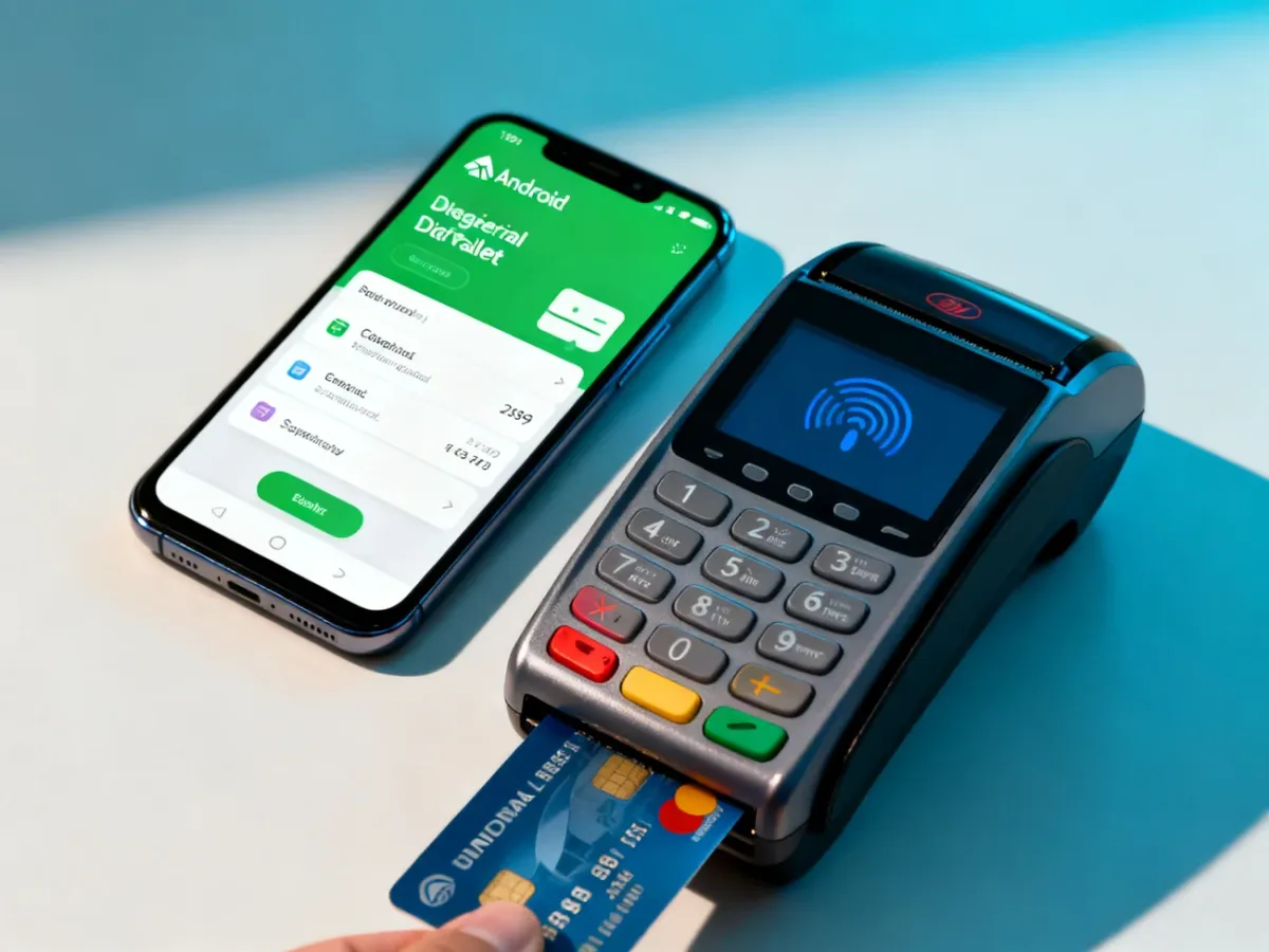 Smartfon z aplikacją portfela cyfrowego obok terminala płatniczego