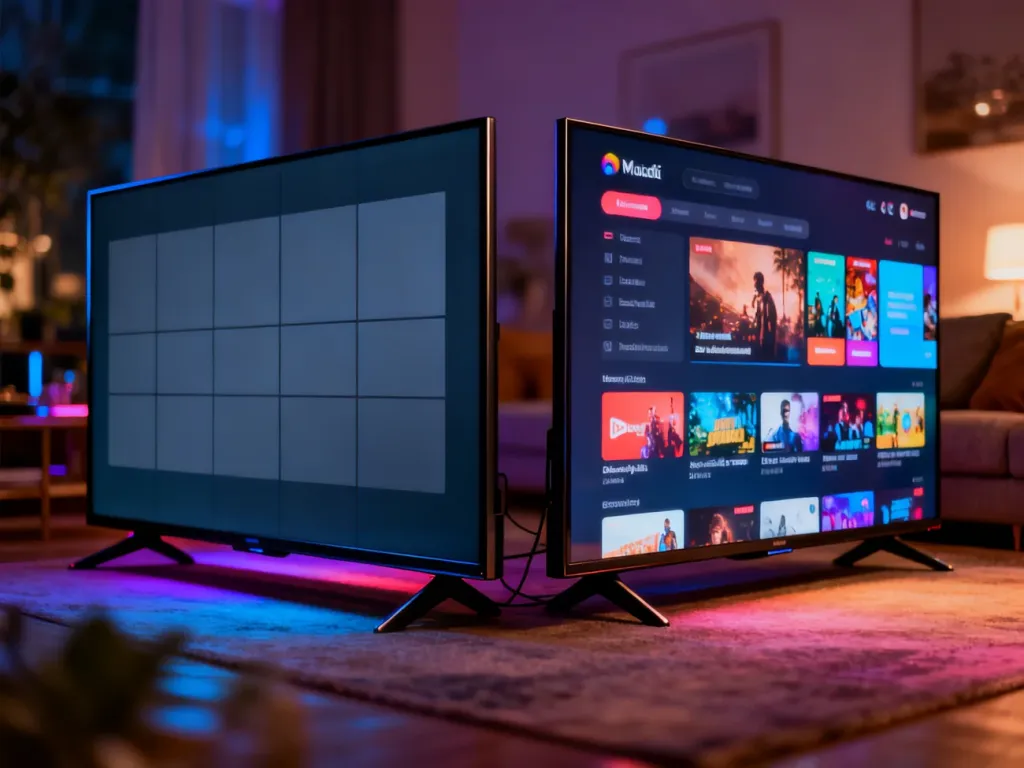 Dwa nowoczesne telewizory 4K z różnymi interfejsami systemów Smart TV ustawione obok siebie w przytulnym salonie.