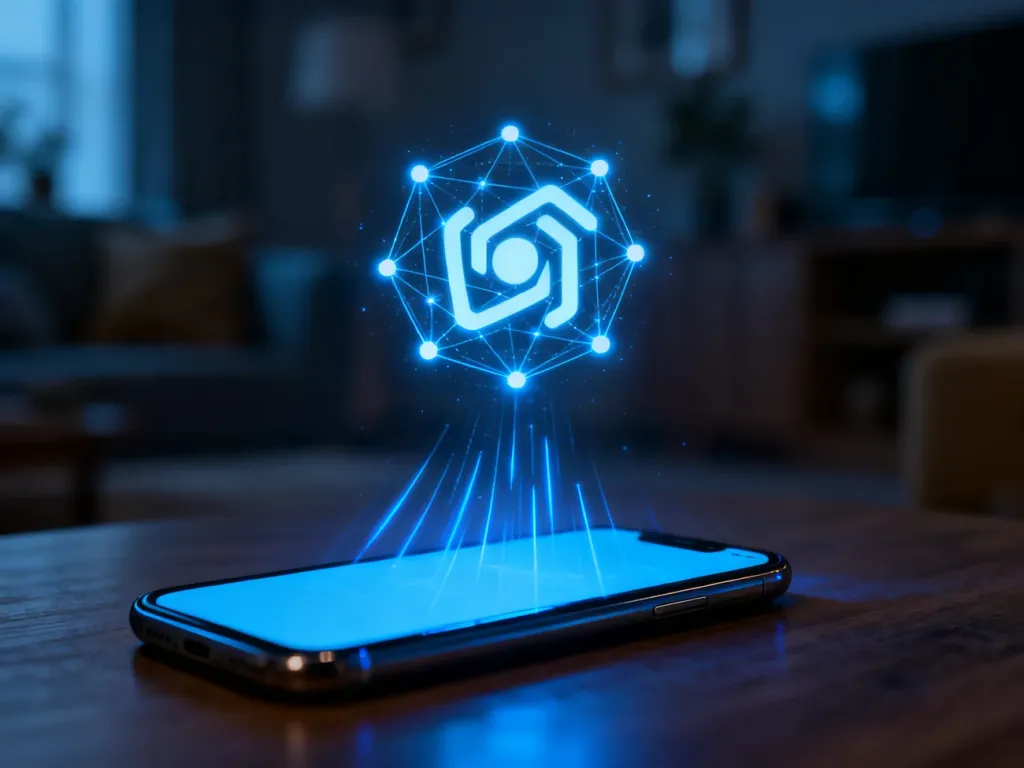 Świecąca ikona sieci cyfrowej unosząca się nad smartfonem, symbolizująca bezprzewodowe przesyłanie danych przez WiFi Direct.