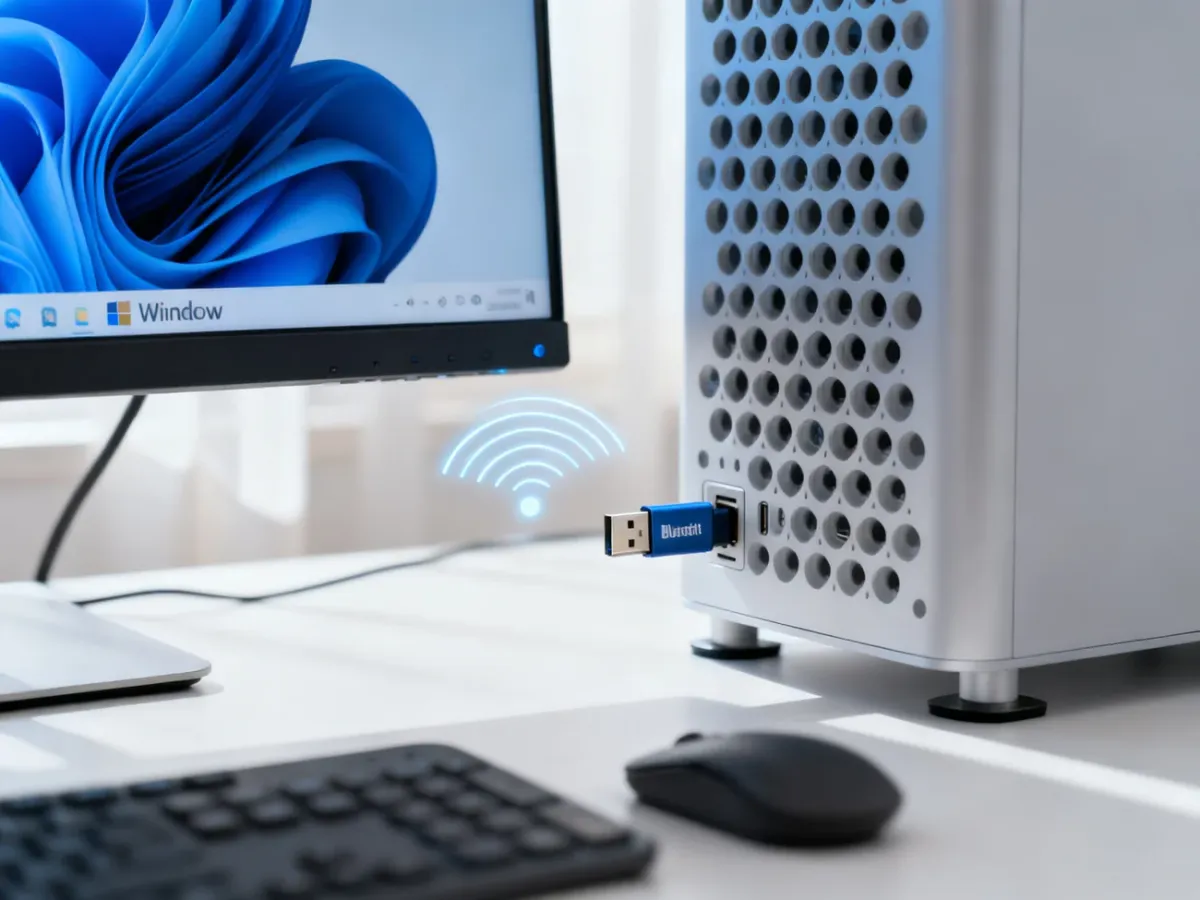 Komputer stacjonarny z podłączonym adapterem Bluetooth USB