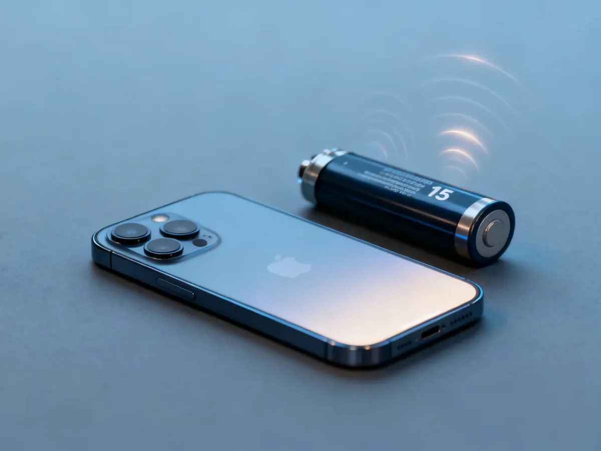 iPhone 15 obok ogniwa baterii litowo-jonowej