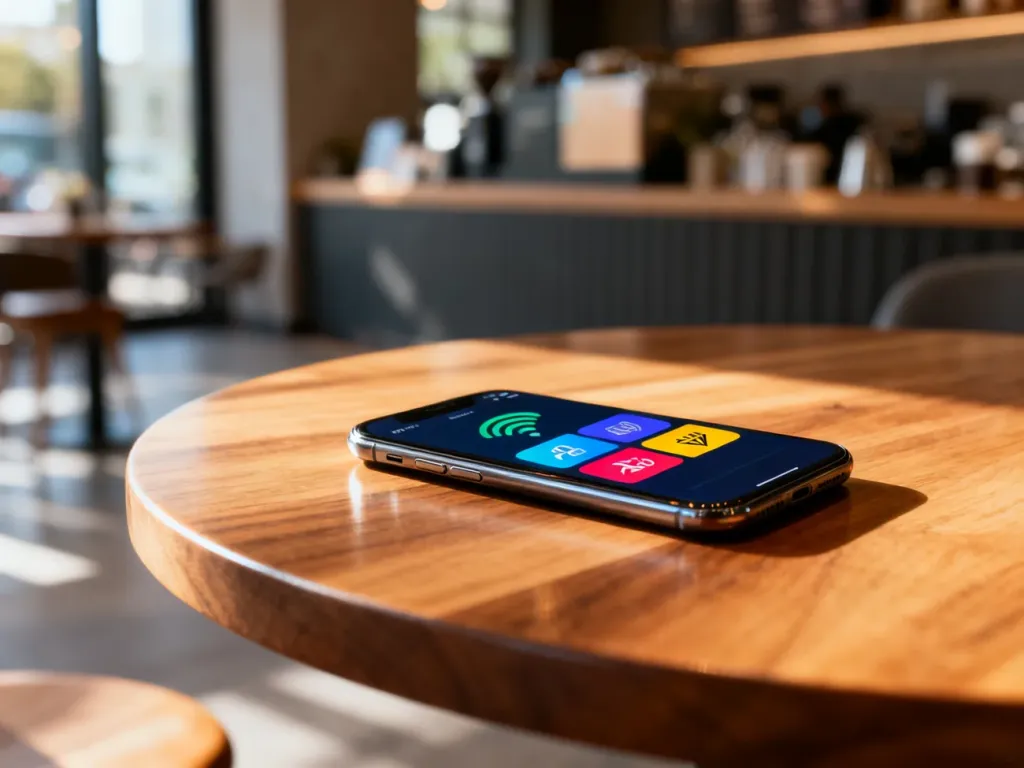 Smartfon z otwartym interfejsem płatności zbliżeniowych leżący na drewnianym stole w kawiarni.