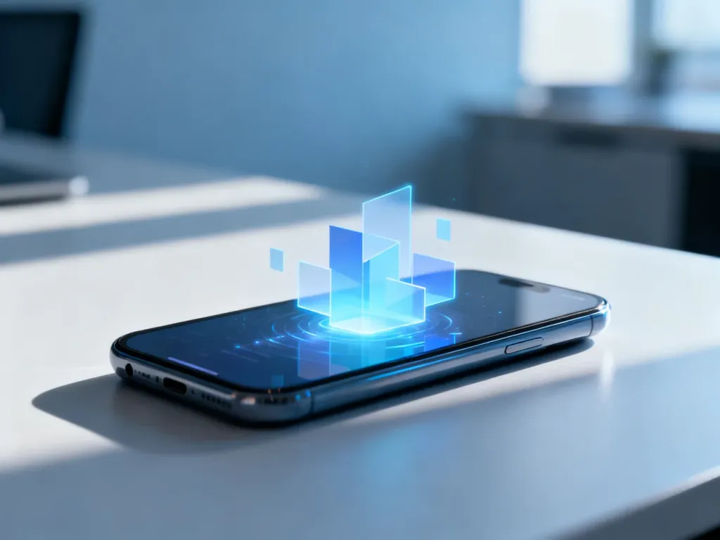 Nowoczesny smartfon z abstrakcyjnym interfejsem na ekranie, symbolizującym aktualizacje oprogramowania na biurku.