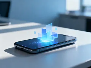 Minimalistyczna, świecąca ikona chmury 3D symbolizująca przechowywanie danych w chmurze iCloud.