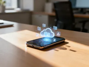 Smartfon z powiadomieniem o stanie konta na drewnianym biurku, symbolizujący zarządzanie środkami na telefonie.