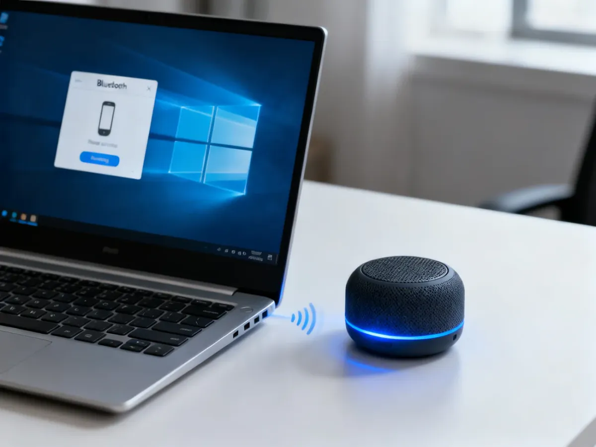 Laptop sparowany z przenośnym głośnikiem Bluetooth