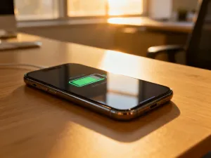 Nowoczesny smartfon z minimalistycznym interfejsem przeglądarki internetowej na ekranie, ustawiony na biurku w biurze.