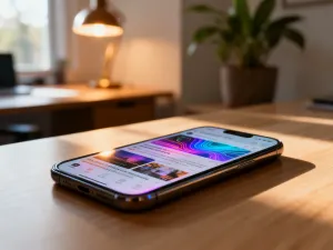 Smartfon leżący na drewnianym biurku z widocznym na ekranie wskaźnikiem kondycji baterii w domowym biurze.