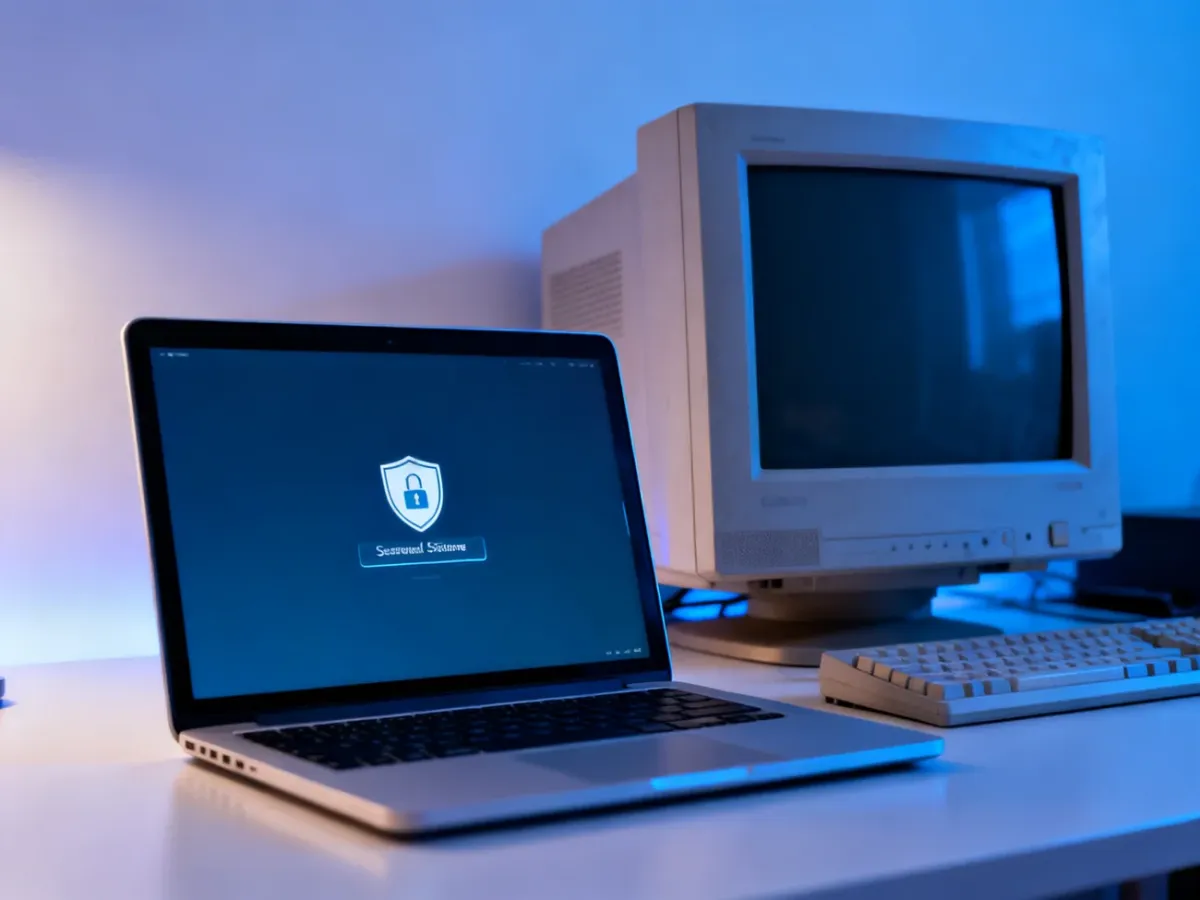 Nowoczesny laptop obok przestarzałego komputera, symbolizujący przejście na bezpieczny, obsługiwany system