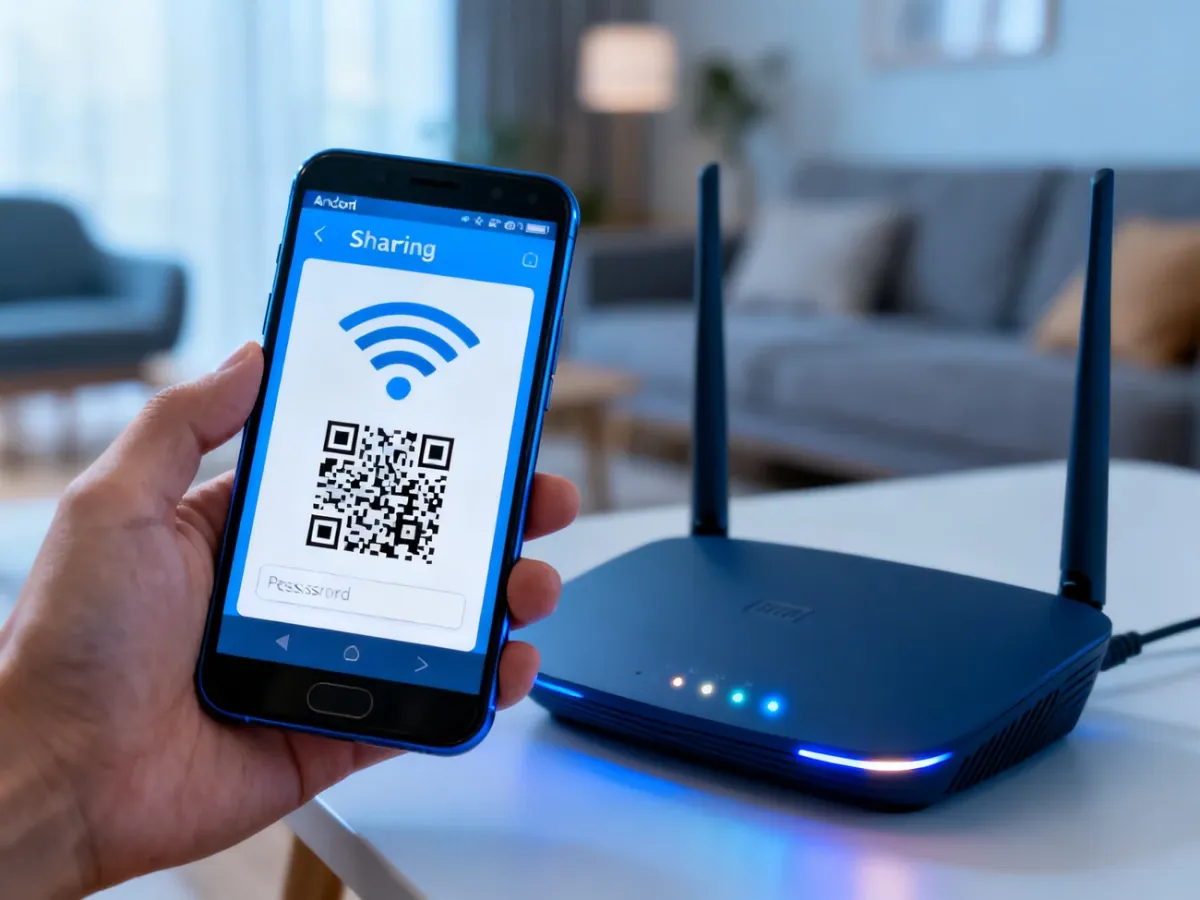 Telefon z Androidem wyświetlający kod QR do udostępniania sieci Wi-Fi obok routera