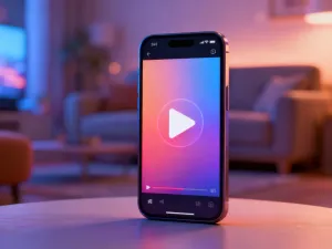 Smartfon na biurku z wyświetlonym graficznym wskaźnikiem wysokiej prędkości pobierania danych.