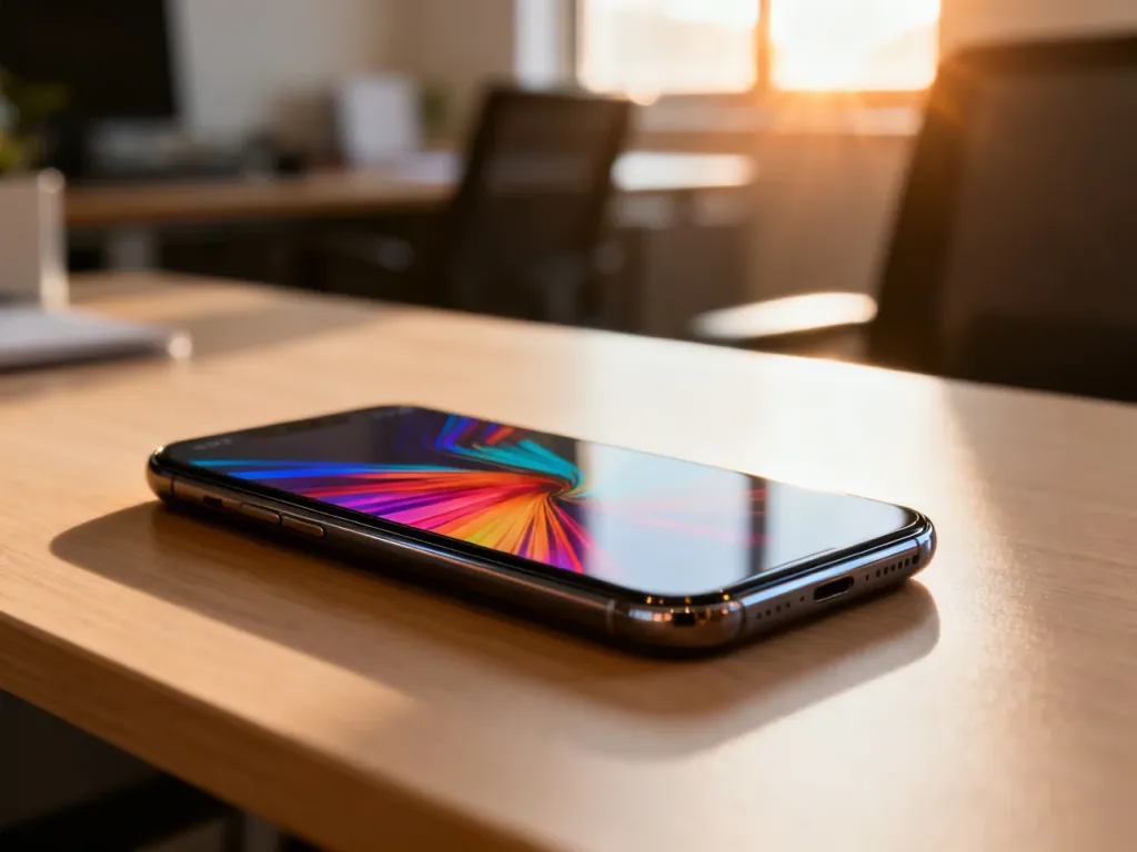 Nowoczesny smartfon z wyraźnym, kolorowym wyświetlaczem na minimalistycznym drewnianym biurku w świetle poranka.